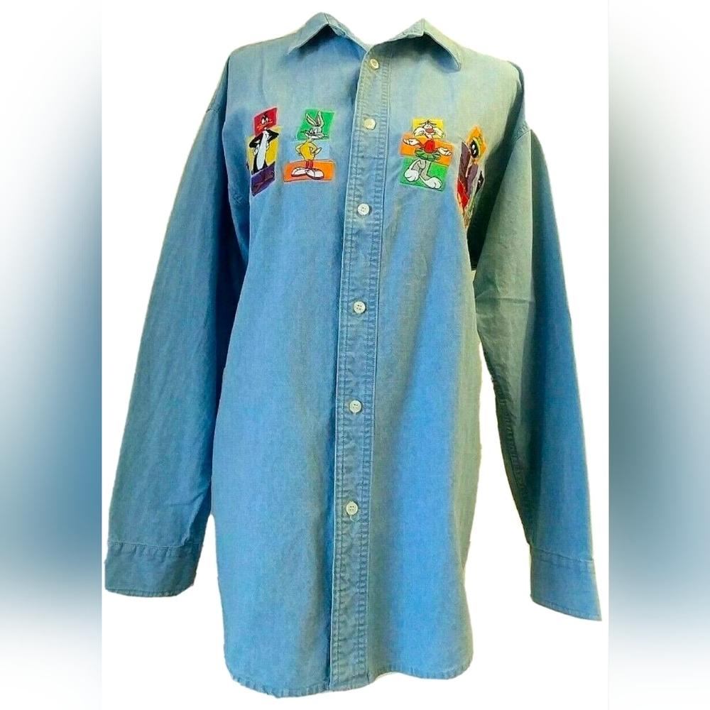 Loony Tunes Denim Shirt Vintage Cartoon Character Mix up Bugs, Daffy size L - Picture 3 of 7